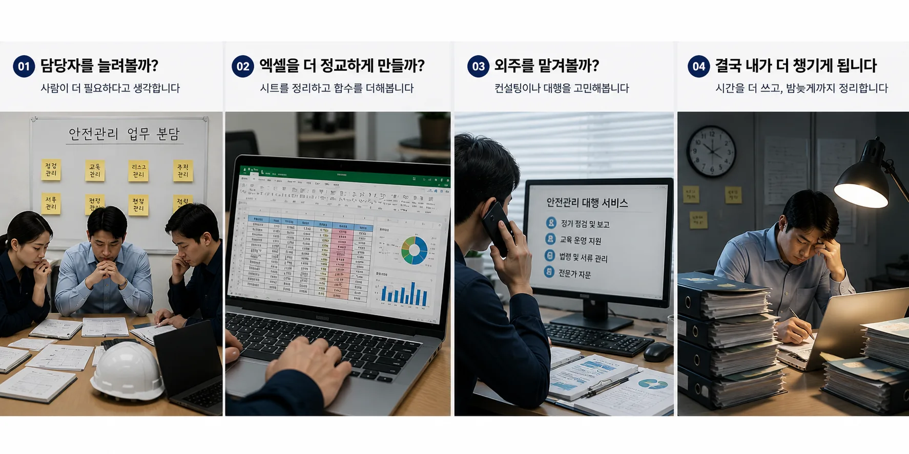 안전관리 잘못된 시도 4가지 — 담당자 늘리기, 엑셀 정교화, 외주, 결국 혼자 챙기기